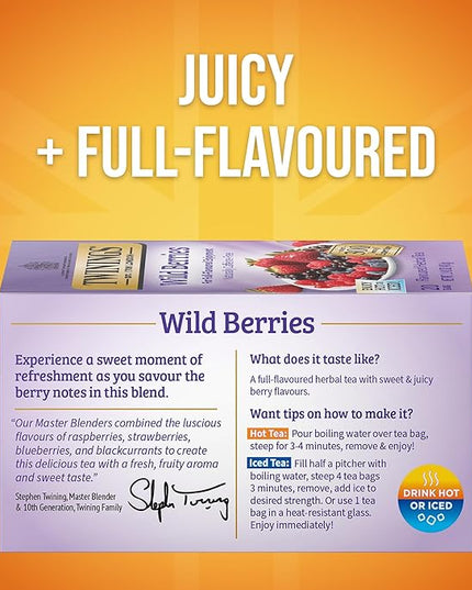 Twinings Wild Berries Herbal Tea Individually Wrapped Bags, 20 Count (Pack of 1), Full-Flavoured, Naturally Caffeine-Free, Enjoy Hot or Iced, 20 Teabags