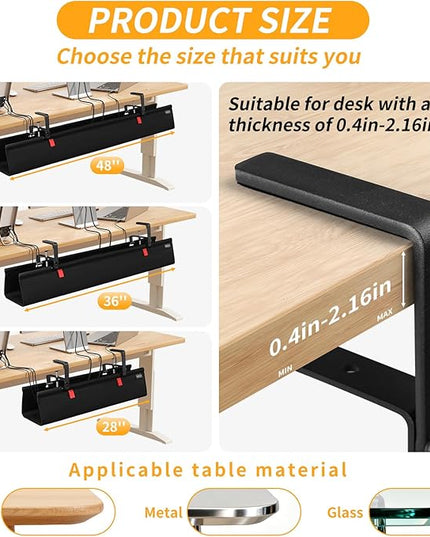 No Drill Under Desk Cable Management Tray, 36" Cord Organizer with Clamp, Fabric Cable Management for Standing Desks, Ideal for Home & Office - Black