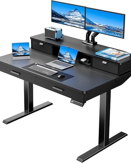 HUANUO 48 x 30 inch Electric Standing Desk with Wood Drawers, Adjustable Height Sit Stand Home Office Desk with Two Tiers, Ergonomic Adjustable Stand up Desk C-Clamp Monitor Mount Compatible, Black