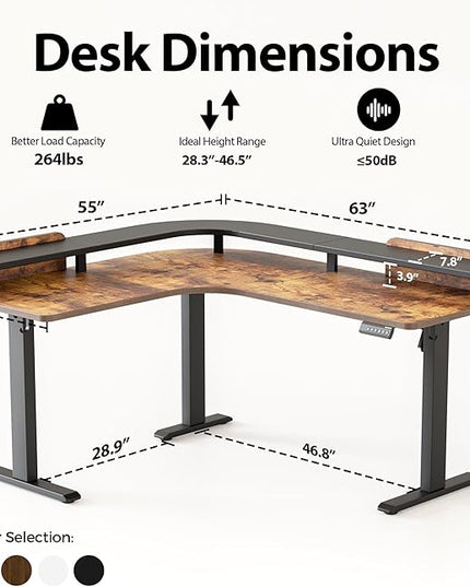 Agilestic L Shaped Standing Desk, Adjustable Height Corner Gaming Desk with Shelf, Sit Stand Up Desk, 63 x 55 Inch Home Office Computer Table, Rustic Brown
