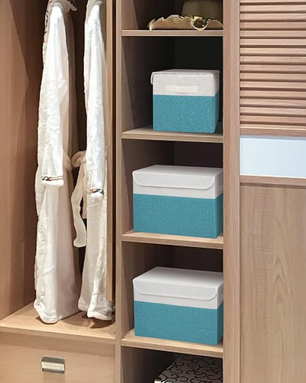 Large 22 Quart Linen Fabric Foldable Storage Bin Cube Organizer Basket with Flip-Top Lid & Handles, Clothes Blanket Box for Home, Office, Closet, Teal & White, 4 Pack 14.6 x 9.5 x 9.5