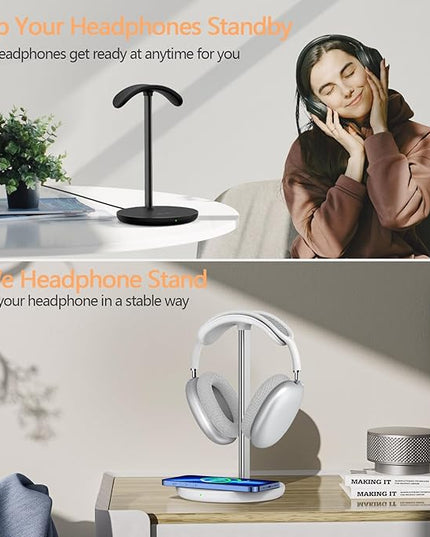 Headphone Stand with Wireless Charger, Gaming Headset Holder Hanger Rack 2 in 1 Wireless Charging Station Dock for iPhone 15/14/13/12/11 Series, AirPods Pro/3/2 and Desk All Headphones, White