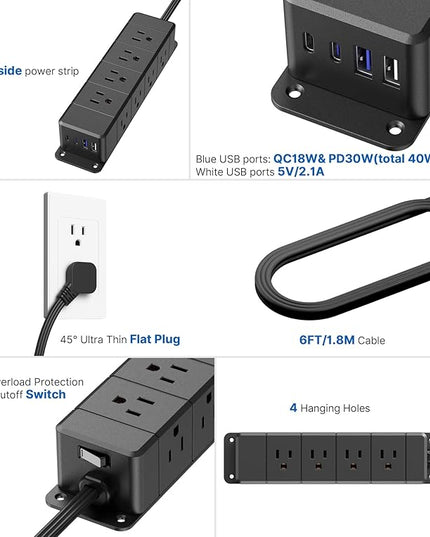 30W USB C Power Strip Surge Protector,Ultra Thin Flat Plug Power Strip 4 Side 12 Outlets,1 PD Fast Charing,2 USB-C, 2 USB-A(4 USB Total 40W),6ft Slim Extension Cord,16 in 1 Desk Power Bar,1200J Black