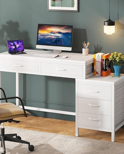 Tribesigns Computer Desk with 5 Drawers, Home Office Desks with Reversible Drawer Cabinet Printer Stand, Industrial PC Desk with Storage, White Study Writing Table Workstation for Small Spaces