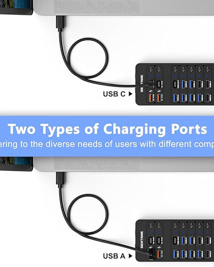 Powered USB Hub,14 Ports USB Data Hub Splitter with 6 USB 3.0 Port,4 Charging Port,1 USB-C 3.0 Data Port,1 PD 60W Charging Port w LED Individual On/Off Switches for MacBook,Mac Pro,Laptop/PC