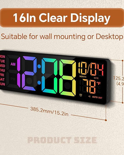 16" Digital Wall Clock with Night Light, Digital Clock with RGB Colors Changing Remote Control, Dual Alarm, Dimmer, Auto DST, Voice Control, Auto Time Sync, Clocks for Living Room, Gift for Elderly