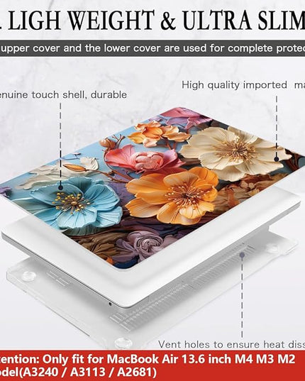 CISSOOK for MacBook Air 13 inch M2 M3 M4 Case 2022 2023 2024 2025 Release, Flower Hard Shell Cases with Keyboard Cover OTG Adapter for MacBook Air 13.6 inch A3240 M3113 A2681