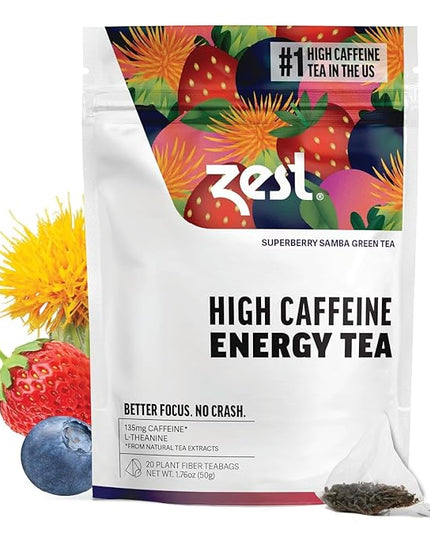 Zest Energy Green Tea - Superberry Samba - High Caffeine Strawberry, Acai, & Passion Fruit Tea - Caffeinated Coffee Altnernative with Antioxidants - Natural, Non-GMO & Keto - 20Ct Pack - 135mg Caf