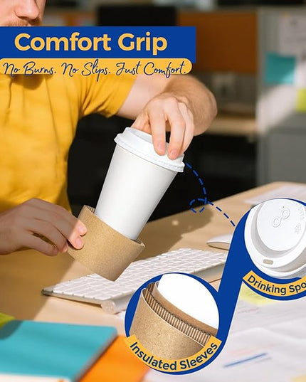Fit Meal Prep 100 Pack 12 oz Disposable Coffee Cups with Lids, Sleeves, Leak-Proof To Go Coffee Cups with Lids, Durable Hot Paper Cups for Hot Cocoa and Coffee Bar Supplies