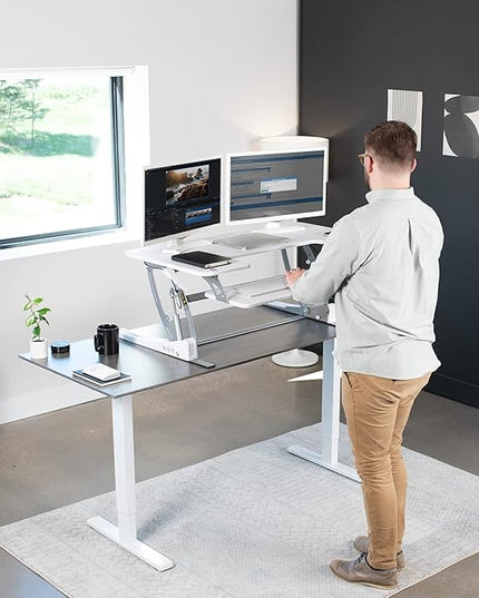 VIVO 42 inch Height Adjustable Stand Up Desk Converter, V Series, Quick Sit to Stand Tabletop Dual Monitor Riser Workstation, White, DESK-V000VLW
