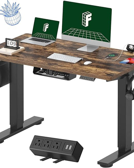 FLEXISPOT EN2 Whole-Piece Standing Desk with Clamp Power Strip, 48 x 24'' Electric Stand Up Height Adjustable Desk with Cable Management (Black Frame + 48" Rustic Brown Desktop, 2 Packages)