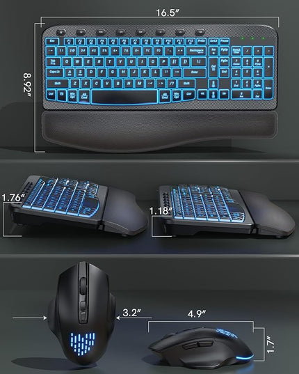 SABLUTE Ergonomic Wireless Keyboard and Mouse Combo - Wave Keyboard with Soft Leather Wrist Rest, Resistant Keys, RGB Backlit Rechargeable Set for PC/Mac/Chromebook (Black)