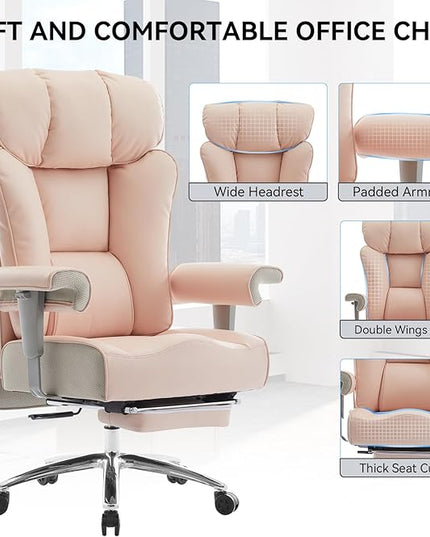 Efomao Big and Tall Ergonomic Office Chair 450LBS with Foot Rest, High Back PU Leather Executive Chair with Adjustable Padded Armrests, Lumbar Support for Home or Work, Heavy Duty Computer Chair, Pink