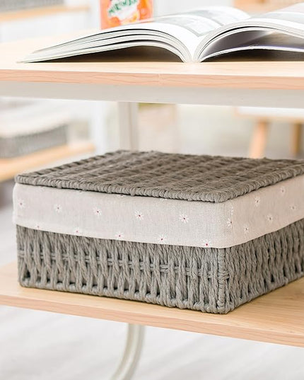 GIB Small Wicker Storage Baskets with Lids and Liner, Rectangular Paper Rope Woven Baskets for Organizing, Decorative Boxes Boho Decor for Shelves Table Desktop Makeup Organizer, Set of 3, Grey