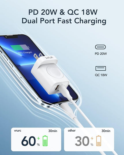 VRURC Charger for iPhone & Apple Watch, 20W USB C Fast Charging Block, 3-in-1 Compact Travel Adapter with 2 Port for iPhone 17/16/15/14/13, Wireless Magnetic for iWatch SE/11/10/9/8/7/6/5/4-White