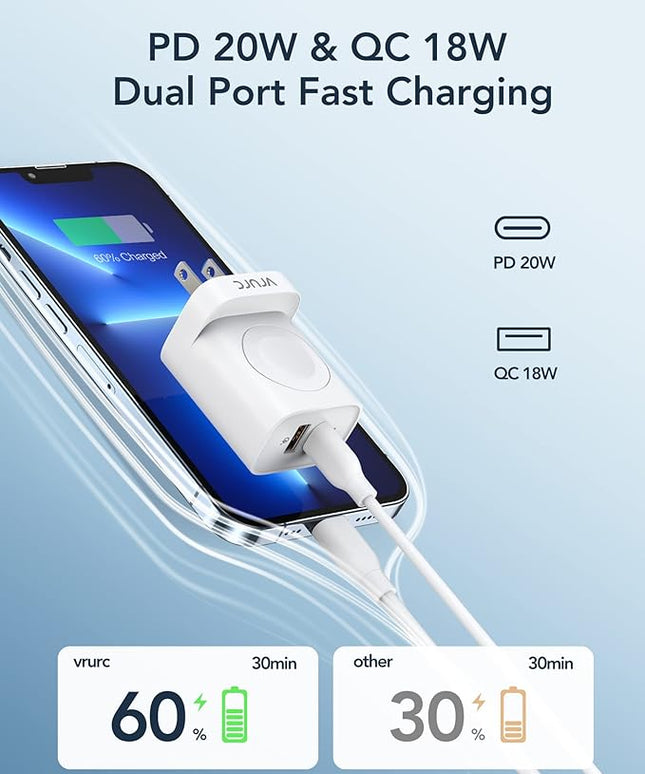 VRURC Charger for iPhone & Apple Watch, 20W USB C Fast Charging Block, 3-in-1 Compact Travel Adapter with 2 Port for iPhone 17/16/15/14/13, Wireless Magnetic for iWatch SE/11/10/9/8/7/6/5/4-White