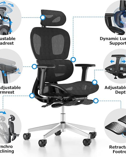 PatioMage Ergonomic Office Chair, Big and Tall Desk Chair with Adjustable Lumbar Support & Seat Depth, High Back Computer Chair, Swivel Mesh Chairs with Wheels for Home Office, Black
