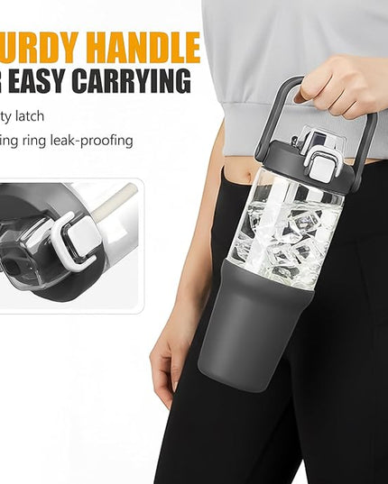 Glass Tumbler with Carry Handle, Clear Glass Water Bottle with Leakproof Lid, Spout Lid&Straw, BPA-Free, 32 oz, Grey