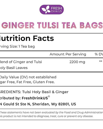 FreshDrinkUS, Premium 35 Ginger Tulsi Tea Bags, 100% Natural, Hand-made Blend of Ginger and Tulsi Holy Basil Leaves, Eco-conscious Tea Bags. Herbal Tea. No Sugar, No Caffeine, Vegan.
