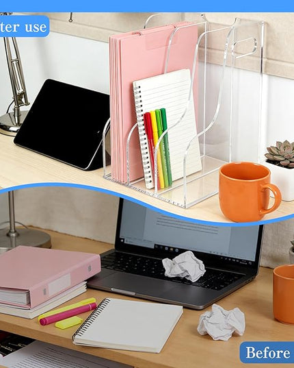 3-Tier Clear Acrylic File Holder, Vertical Document Organizer for Magazines, Binders, Notebooks & Envelopes - Multi-Purpose Desk Storage for Home Office（A4,3 Sections）