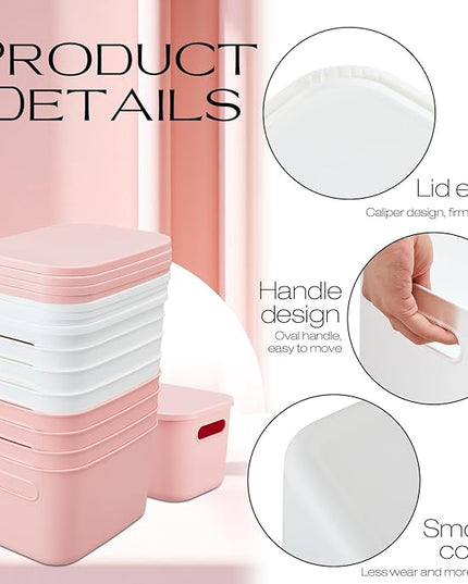 Hoolerry 8 Pieces Colorful Storage Bins with Lid, Plastic Storage Basket Organizing Container Stackable Box with Handle for Shelves Desktop Playroom Office(9.8 x 7.1 x 6.3 Inch,White and Pink)