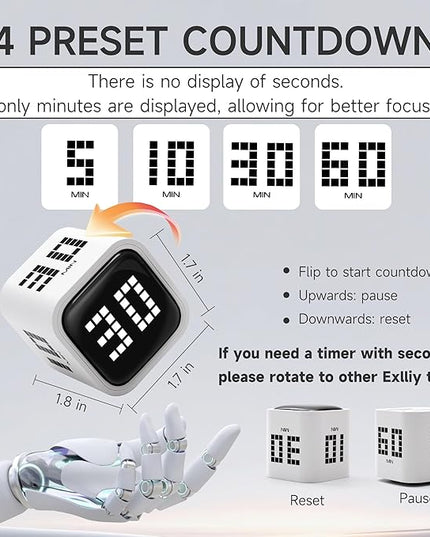 Exlliy Rotating Productivity Timer 5, 10, 30, 60 Minutes Preset, Desk Cube w/Gravity Sensor for ADHD, Mute Functions, Ideal for Work, Study, Kitchen, Back to School (White)