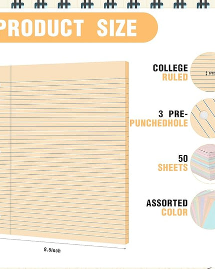 PerKoop 600 Sheets Colored Loose Leaf Paper 8.5" x 11" college ruled Lined 3 Hole Punched notebook Filler Paper for 3 Ring Binders Office School Supplies (Aesthetic Color)