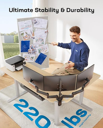 HUANUO 63″ Dual Motor L-Shaped Standing Desk, Built-in Power Outlets, Electric Height Adjustable Corner Computer Desk, Large Power Strip Holder, Sit Stand Up Desk with 3 Preset Heights, Natural Wood