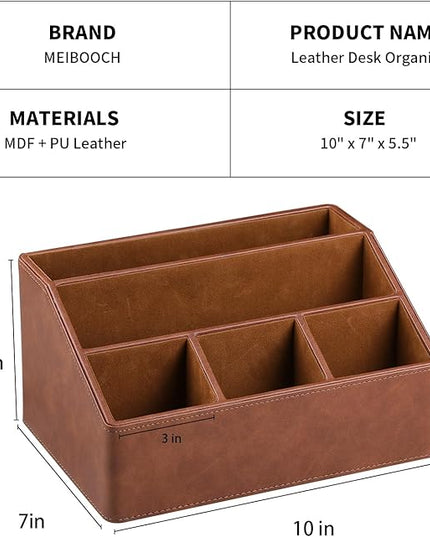 MEIBOOCH PU Leather Desk Organizer, Luxury Remote Control Holder for Home, Office Desk Accessories Table Caddy Bedside Nightstand Organizer (Brown)