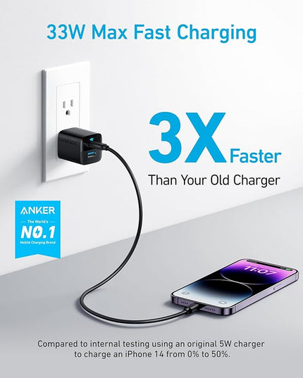 Anker USB C Charger Block, 33W 2 Port Compact Charger with Foldable Plug for iPhone 17/16 Series, Galaxy, and More (Cable Not Included, Black)