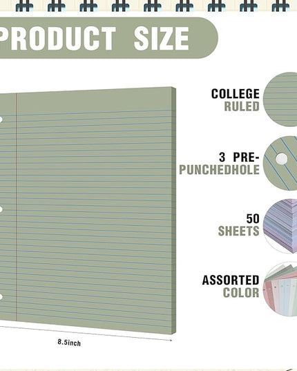 PerKoop 600 Sheets Colored Loose Leaf Paper 8.5" x 11" college ruled Lined 3 Hole Punched notebook Filler Paper for 3 Ring Binders Office School Supplies (Morandi Colors)