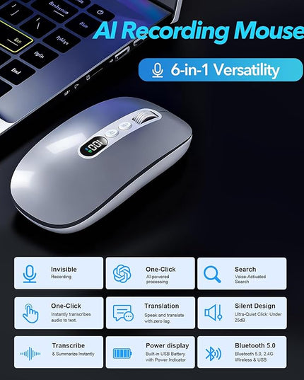 AI Wireless Mouse for Laptop PC- Enabled Bluetooth Mouse with Voice Recording & AI Summarize,Ergonomic Presenter Laser Pointer Remote,USB Rechargeable High-Performance Office Device