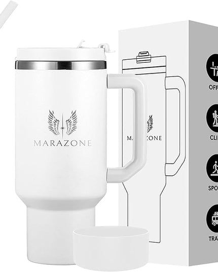 40 oz Tumbler with Straw and Leakproof Lid for Hot and Cold Drinks - Stainless Steel Travel Mug Fits Cup Holder, Reusable Water Bottle with accessories, Gift for Women and Men - Pure white