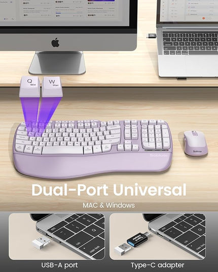 Purple Ergonomic Wireless Keyboard and Mouse Combo, Sablute 2.4G Full Size Ergo Wave Key Board with Cushioned Plam Rest, Natural Typing, 3 DPI Adjustable Silent Mouse for Computer/Laptop/Windows/Mac