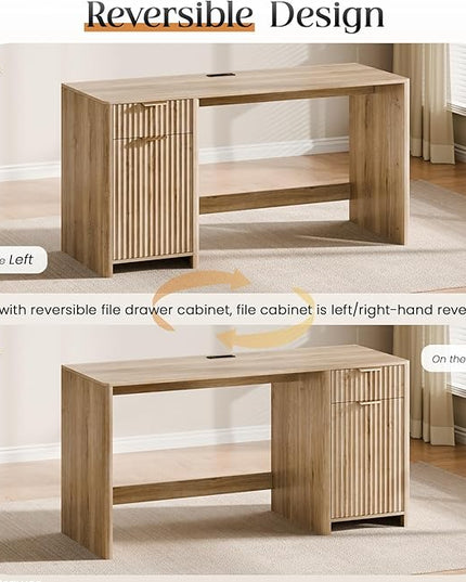 60" Fluted Home Office Desks with Storage, Modern Executive Desk Computer Desk with Drawer & Cabinet, Wood Work Desk for Office, Bedroom, Study, Living Room, Oak