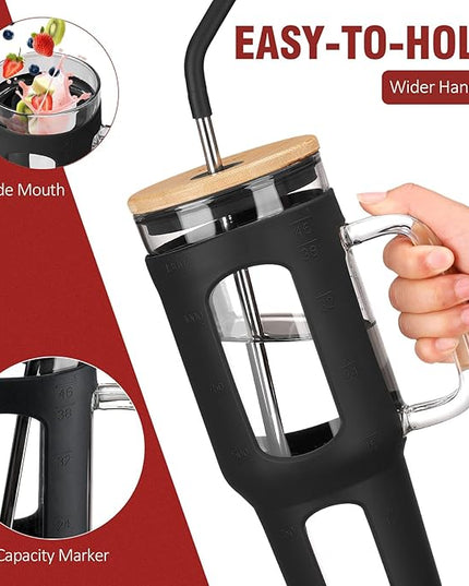 Glass Tumbler with Lid and Straw, 46 oz Iced Coffee Cup with Handle, Large Water Bottles with Silicone Sleeve, Glass Cup with Straws - Pearl Straw & Drinking Straw BPA Free-Black