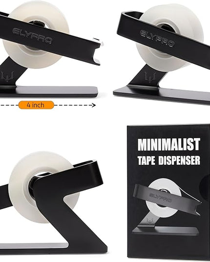 ELYPRO Modern Tape Dispenser for Office Desk - Elegant and Minimalist Design, Heavy Metal Made, Space-Saving, Perfect for Office & Home Use or as a Stylish Gift - Bonus Tape Roll Included (Black)