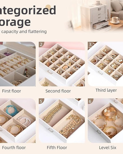 BOOVO Jewelry Box For women, 6 Layer Large Jewelry Organizer With Mirror, Multi-Function Storage Box With Lock, Necklace Holder With 5 Drawers, For Earrings Necklace Bracelet (Silver and White)