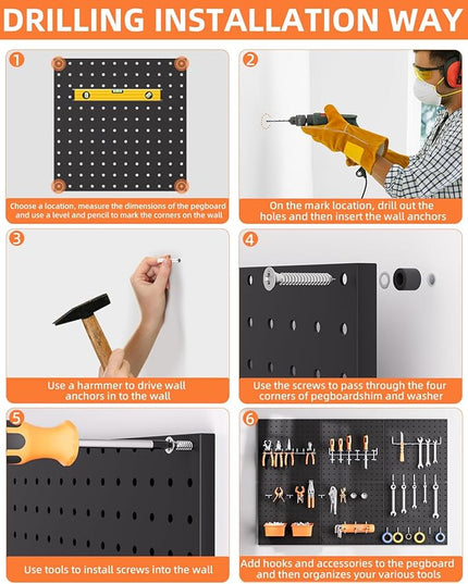 INCLY 6 Pack 12"x12" Black Metal Pegboard Panels, Heavy Duty Pegboard Wall Organizer with Frame, Black Peg Board for Walls, Garage, Workbench, Shed, Kitchen, Craft Room Tool Organization