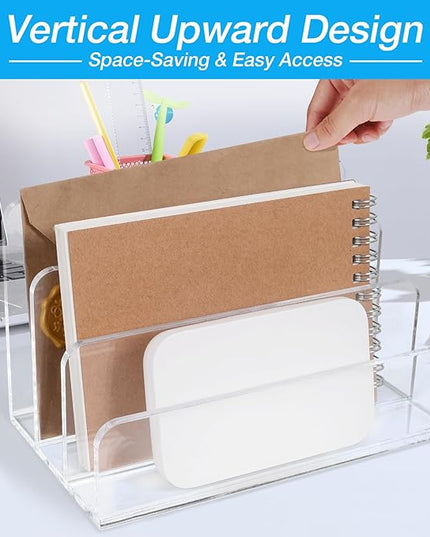 Acrylic Mail Organizer File Holder for Desk 2 PCS, 3 Compartments Clear Desktop Vertical Letter Sorter for Envelopes, Bill, Document, Notebook,Countertop Folder for Office, Home & School