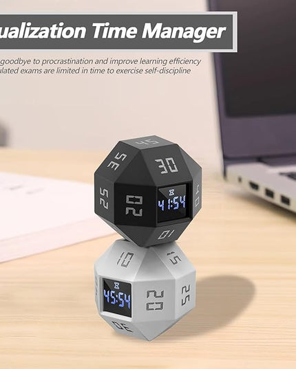 Mini 12-Sided Cube Timer with Preset Countdowns of 1-3-5-10-15-20-25-30-45-60-90 Minutes, Rechargeable Time Management Tool for ADHD, Study, Cooking, Focus (Grayish White)