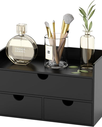 Bamboo Desk Organizer with Drawers Desktop Storage Drawers for Bills Office Supplies Kitchen Utensils Organizing Tool for Home Classroom Organization No Assembly (Black with Shelf)