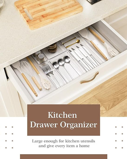 Criusia 14 PCS Clear Plastic Drawer Organizer Set - 5 Large Size Versatile Kitchen and Bathroom Organizer Trays, Non-Slip Storage Bins for Makeup, Utensils, Tool and Office Desk