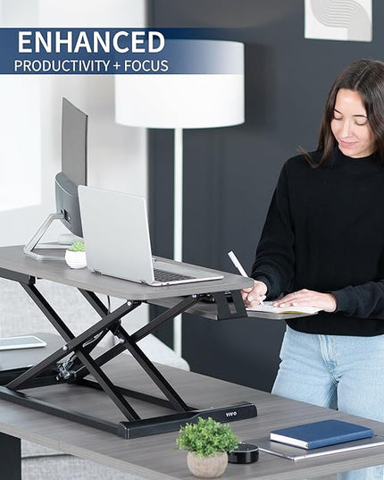 VIVO 32 inch Desk Converter, K Series, Height Adjustable Sit to Stand Riser, Dual Monitor and Laptop Workstation with Wide Keyboard Tray, Gray Top, Black Frame, DESK-V000KG