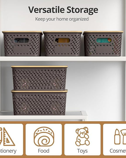 Plastic Storage Bins with Bamboo Lids, Stackable Small Box Baskets for Organizing and Containers for Shelves Drawers Desktop Closet Pantry Classroom Office Home, 6 Pack 10.2x7.2x4.1 Inch, Brown