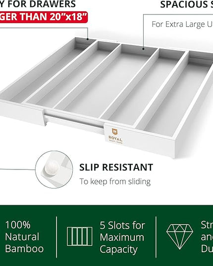 ROYAL CRAFT WOOD Luxury Bamboo Kitchen Drawer Organizer - Silverware Organizer - Utensil Holder and Cutlery Tray with Grooved Drawer Dividers for Flatware and Kitchen Utensils (5 Slot, White)