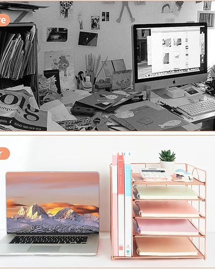 LEKETREE Desk Organizers and Accessories, 5-Tier Paper Letter Tray Organizer with File Holder, Desktop Organizer for Office Supplies (Rose Gold)