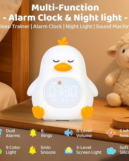 Sleepy Duck Alarm Clock with Night Light for Kids with Sleep Training and Sound Machine, Rechargeable Silicone Lamp OK to Wake Clock，Cute Animal Tabletop Lamp, Perfect Sleep Companion for Boys Girls