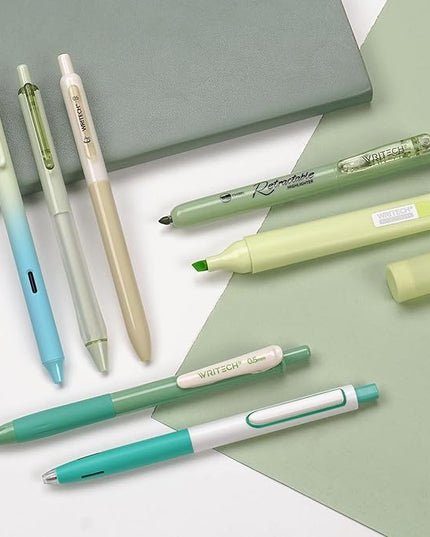 WRITECH Gel Pens Journaling Highlighters: Journal Set Aesthetic Assorted Pastel Color Ink 0.5mm Fine Point Retractable 0.7mm Black Pen Smooth Writing Drawing No Bleed 7ct (Green)