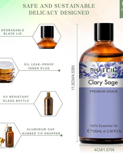 PHATOIL 3.38FL.OZ Clary Sage Essential Oil for Aromatherapy Diffusers with Glass Dropper, Humidifiers, Great for DIY Candle and Soap Making, Huge 100ML Bottle